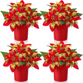 Suncalla 4 Pack Glitter Christmas Poinsettias Potted Plants Decorations Artificial Flowers Red Gold Poinsettias Centerpieces Christmas Table Decorations for Home Office Room Farmhouse(Plastic,Red)