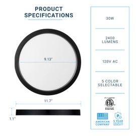 PARMIDA (2 Pack) 12 Inch LED Flush Mount Ceiling Light with Night Light, 30W, ETL, 5 Color Selectable 2700K/3000K/3500K/4000K/5000K, 2400LM, Dimmable, Ultra Thin Round Modern Flat Panel, Black Finish