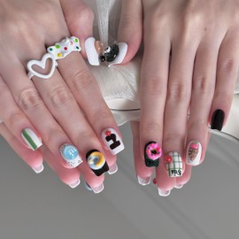Press on Nails Short - Glue on Nails Acrylic Nails 3D Press on Nails Fake Nails with Designs, Ice-Cream Chocolate Candy Stick Charms Handmade Press on Nails Cute Press on Nails for Young Girls (M)