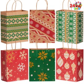 JOYIN 24 PCS Christmas Kraft Bags Holiday Paper Goody Gift Bags with Handles for Xmas Gifts Wrapping Party, Giant Gifts Decorations (Red+Green, 9" x 7.3" x 3.3")