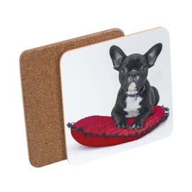 Untersetzer aus Kork – Französische Bulldogge, Schwarz und Weiß, kleiner Hund auf Kissen rot und schwarz, niedliche Tiere, 6 Stück (95 x 95 mm)