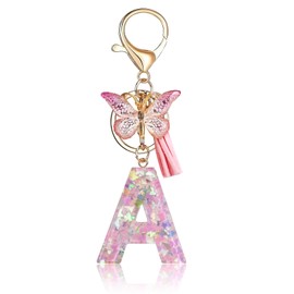 Fmeida Initial Letter Keychains for Women Cute Pink Keychain with Tassel& Butterfly A