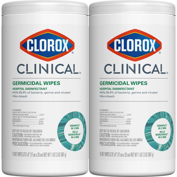 Clorox Clinical Germicidal Wipes and Non-Bleach Hospital Disinfectant, Health Care Cleaning Products, Industrial Cleaning, Germicidal Wipes, 75 Wipes (Pack of 2)