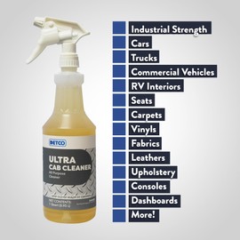 Detco ULTRA CAB CLEANER - Heavy Duty Cleaner for Cars, Trucks, & Vehicles, Interior Detailer for Seats, Carpets, Vinyl, Fabric, Leather, Upholstery, Headliner, & Dash, 32 Ounce Spray