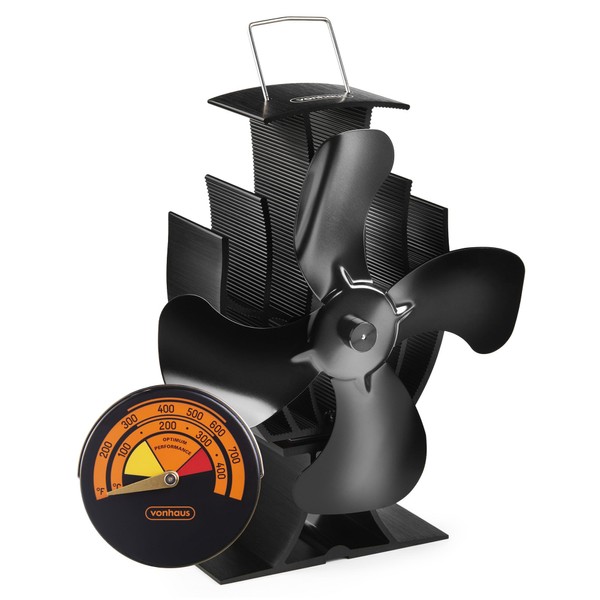 VonHaus Stove Fan – Log Burner Fan with 4 Blades, Heat Powered Fan for Wood/Log Burners, Fireplaces, Stove Heaters – Silent Operation, Eco Friendly, Self Powered, Thermometer Included, 2 Year Warranty