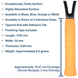 Tenletic MegaGripper Racket Overgrip Tape – Orange, Blue, Black, White – 4-Pack – 0.65 mm Thickness – for Tennis, Squash, Badminton and Other Racquet Sports