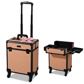 BYOOTIQUE Rolling Makeup Train Case Cosmetic Case Portable Makeup Organizer Suitcase with Removable Wheels Cosmetic Trolley Organizer Makeup Artist Salon,Rococo Coral