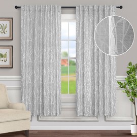 Light Grey White Curtains 63 Inch Length for Bedroom 2 Panels Back Tab Pocket Linen Tree Branch Print Embossed Embroidered Patterned Privacy Silver Gray Curtain for Kitchen 50% Blackout Room Darkening