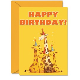 Giraffe Birthday Cards for Her Him - Party Animals Pyramid - Happy Birthday Card for Mum Dad Brother Sister Auntie Uncle Cousin Friend Family Colleague A5 Bday Greeting Cards