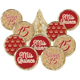 Red and Gold Quinceañera Chocolate Kisses Party Favor Stickers, Mis Quince Años Sweet 15 Birthday Party - 180 Count