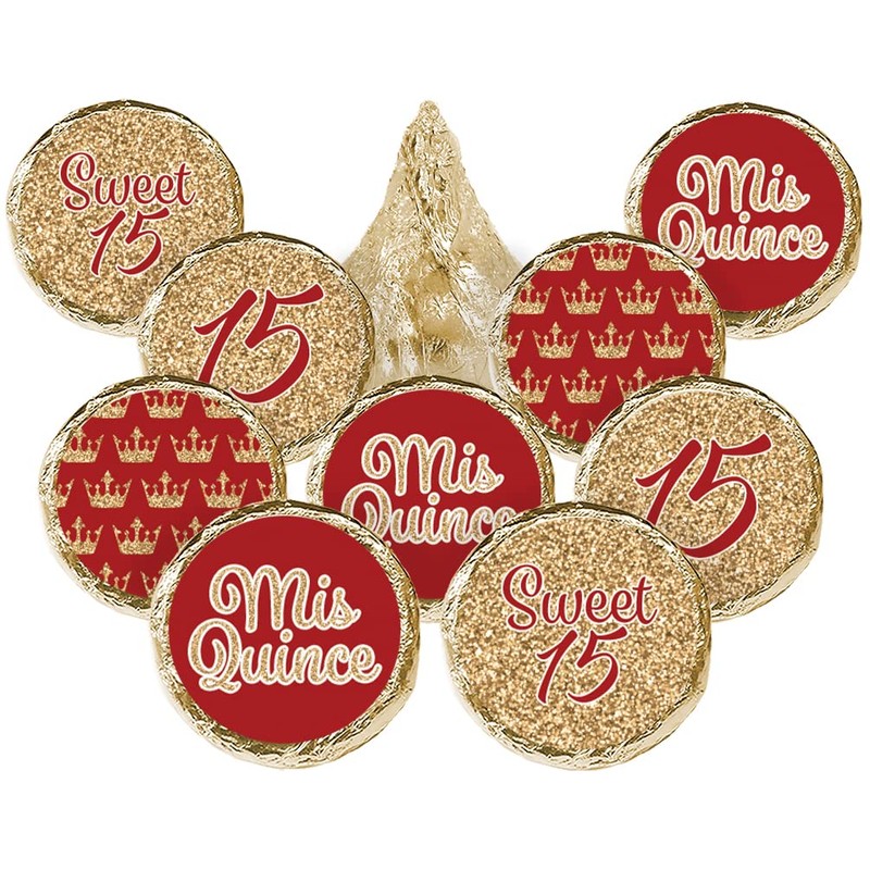 Red and Gold Quinceañera Chocolate Kisses Party Favor Stickers, Mis