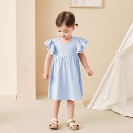 pureborn Toddler Girl Dress Ruffle Sleeve Cotton Playwear Dresses Casual Summer Dress Light Blue 2-3 Years