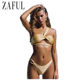 ZAFUL Women's One Shoulder Bikini Twisted Ruched High Cut Bandeau Bikini Set Two Piece SwimsuitColor: Beige, Size: S