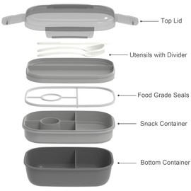 JBGOYON® Bento Lunch Box Set - 3 Stackable Containers for Adults and Kids- Includes Lunch Bag, Leak-Proof and BPA-Free - Built-in Utensil Set and Snack Bag - Dishwasher Safe(Grey Black)