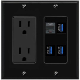 Wall Plate City PHONE 3 USB-3 Port Wall Plate Black w Power Outlet