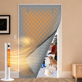 HOMWMPA Thermal Insulated Door Curtain Fits Door Size 32" x 80", Curtain Size 35" x 82", Weatherproof Oxford with Thickened Cotton Fill, Keep Cold Out & Save Energy, Drill-Free Easy Installation, Gray