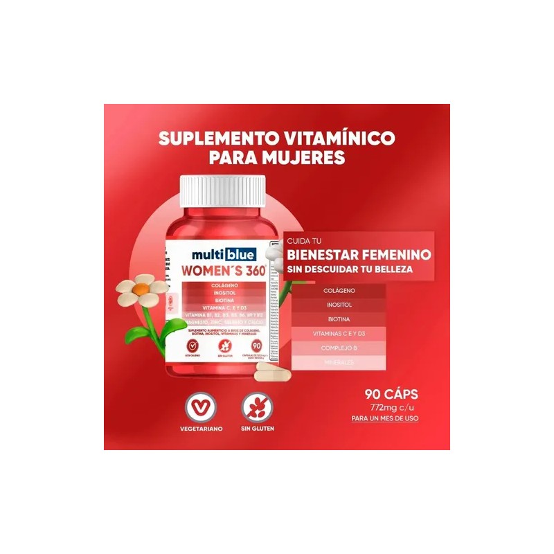 Multiblue Womens 360 Colágeno Biotina Vitaminas Mujer 90cap Sin Sabor