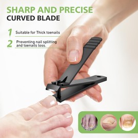 BALUCA Curved Toenail Clipper for Thick Nails, Heavy Duty Stainless Steel Toe Nail Clippers for Seniors, Men & Women, Stainless Steel Nail Cutter for Accurate Trimming and Grooming (All Black)