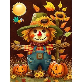 PUAGEMTI Cartoon Scarecrow Diamond Painting Kits, Fall Farm Diamond Art for Adults Adults, Full Round Gemstone Crystal Cross Stitch Kit, for Wall Decor Fall Decor or Gifts 12x16 Inch