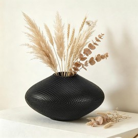 Black Vase 12" Wide Oval Shaped with Fishnet Textured - Lightweight Durable