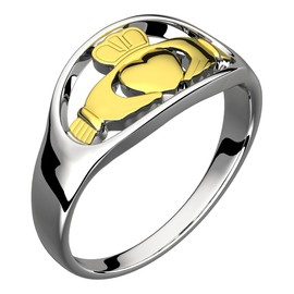 GWG Jewellery Sterling Silver Claddagh Ring of 18K Gold Coated Hands Clasping Heart with Crown ATOP – 7 in Gift Box for Women