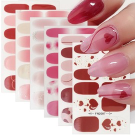 Valentine's Day Gel Nail Strips Self-Adhesive Valentines Nail Stickers Full Nail Wraps Pink Red Heart Nail Polish Strips Cute Romantic Design Gel Nails Decals for DIY Valentine Nails Salon 6 Sheets