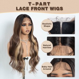 NOBLE T-Part Lace Front Wigs with Baby Hair 28 Inches Highlights Blonde Long Wavy Wig Middle Part Wavy Wig Natural Looking Heat Resistant Fiber Wig for Daily Party Use