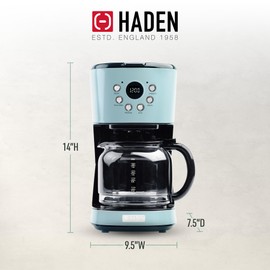 Haden Coffee Machine, 12 Cup Programmable Drip Coffee Maker with Auto Shut-Off Function and Reusable Washable Water Filter, Turquoise & Chrome