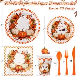 Sliner 350 Pcs Fall Thanksgiving Party Plates and Napkins Party Supplies Hello Fall Disposable Tableware Set 100 Autumn Paper Plates 50 Cups 50 Napkins 50 Sets of Knife Fork Spoon, Serve 50 Guests