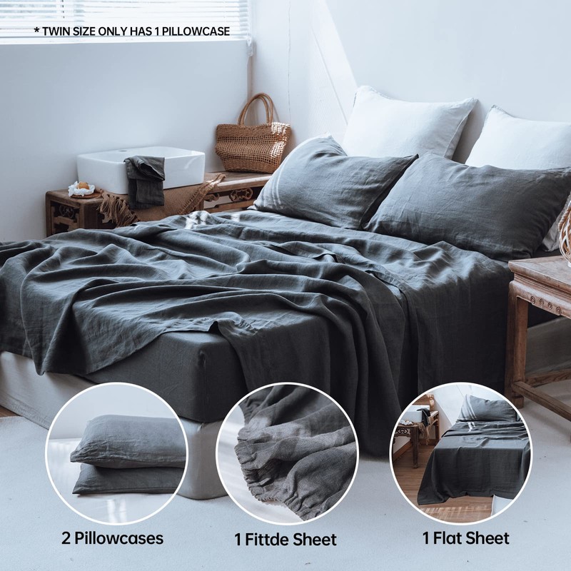 Simple&Opulence 100% Linen Sheet Set 4pcs Basic Style, Deep Pocket,