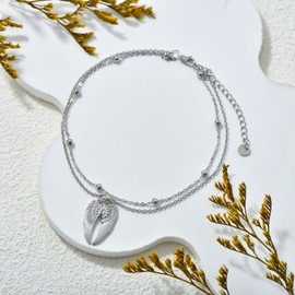 Feeot 925 Sterling Silver Angel Wings Adjustable Anklets Bracelets Gifts for Women, Silver Double Chain Rosary Anklecelet Jewelry Gifts for Women
