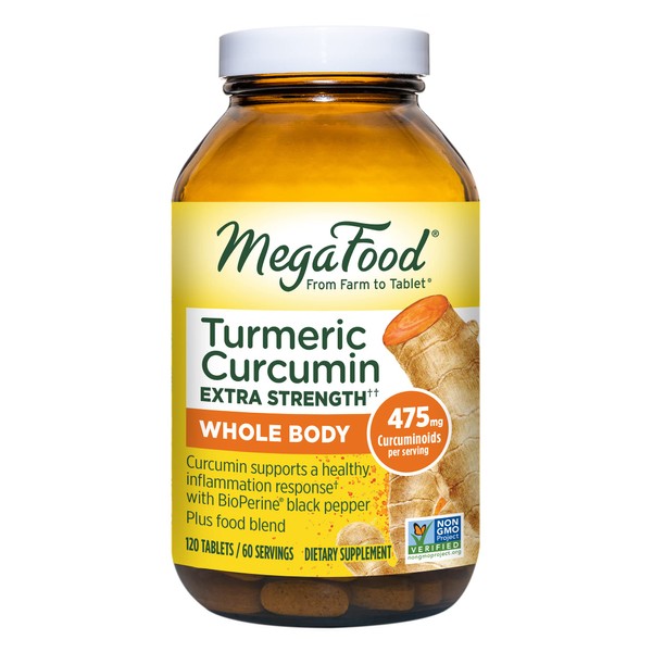 MegaFood Turmeric Curcumin Extra Strength - Whole Body - Turmeric Curcumin with Black Pepper - 475mg Curcuminoids - with Holy Basil, Tart Cherry -Made Without 9 Food Allergens - 120 Tabs (60 Servings)