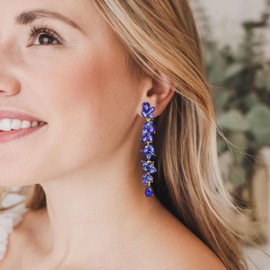 EVER FAITH Blue Rhinestone Crystal Chandelier Dangle Earrings for Women Brides, Art Deco Marquise Teardrop Bridal Long Drop Earring for Prom Gold-Tone