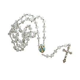 Gifts by Lulee, LLC Nuestra Señora de San Juan de Los Lagos Clear Quartz Cristal Faceted Rondelle 8mm Beads Rosary with Silver Plated Medal Centerpiece and Findings Includes a Prayer Card