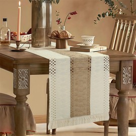 YATOJUZI Boho Table Runner for Home Decor 48 Inches Long Farmhouse Rustic Table Runners with Tassels Brown & Cream Table Runner for Boho Dining Bedroom Kitchen Decor 12x48 Inches