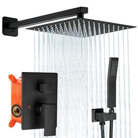BALLEERUN Black Square Rainfall Shower Head and Handle Set, Wall Mounted Shower Fixtures, Metal Shower Faucet Trim Repair Kits (With Shower Valve) (Matte Black, 10-Inch) (Matte Black, 12-Inch)