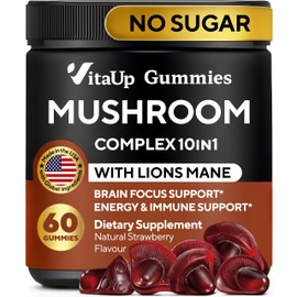 VitaUp Mushroom Gummies for Adults - USA Made 10 in 1 Mushroom Supplement - Mushroom Complex with Lions Mane, Cordyceps, Turkey Tail, Reishi, Shiitake for Cognitive & Immune Support - 60 Count