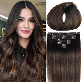 Clip in Hair Extensions Real Human Hair 14 Inch 7Pcs Clip in Extensions for Women #2/6/2 Balayage Dark Brown to Chestnut Brown Silky Straight Hair Extensions 85g