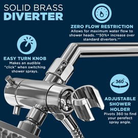 ALL METAL 3 Way Shower Diverter Valve with Shower Head Holder – CHROME – Universal Shower Head Splitter – Shower Head Attachment for Handheld Spray Wand And Fixed Spray Head - Shower Head Diverter