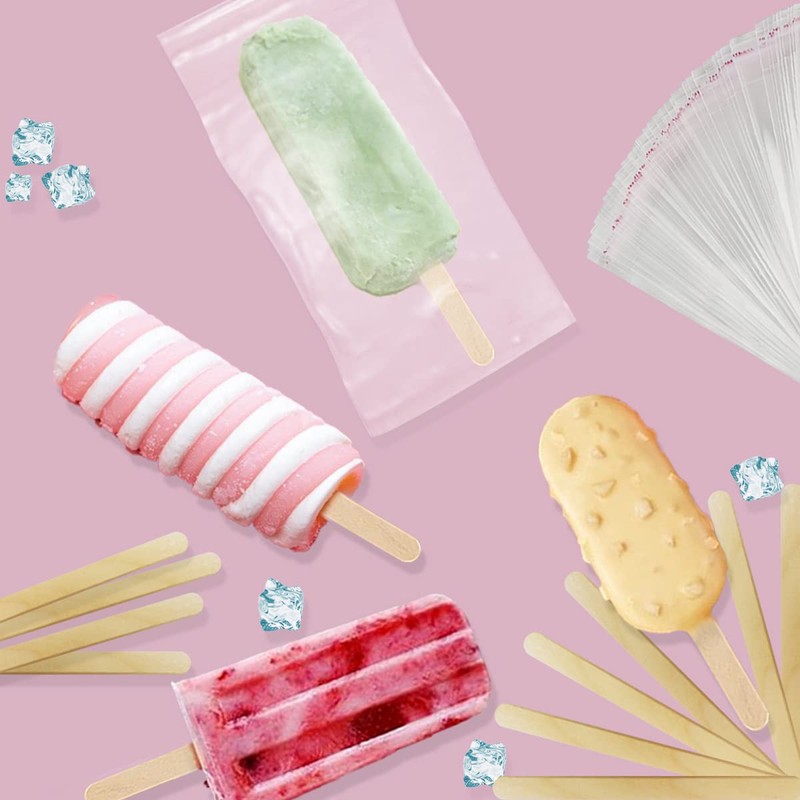 300 Pieces Popsicle Sticks and Bags Set Popsicle Wrappers Self