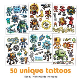 Savvi - 50 Blunder Bots Temporary Tattoos: Metallic, Skin-Safe Ink, Great for Birthday Parties, Gifts for Boys and Girls Ages 4-12+, Made in the USA [6 sheets, 50 count]
