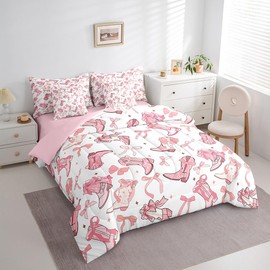 Manfei Cowgirl Comforter Set Queen Size 7 Pcs,Western Cowboy Boots Pink Bowknots Bedding Set,Dreamy Fairy Tale Princess Starry (Comforter+Fitted+Flat Sheet+2 Pillowcases+2 Throw Pillow Covers)