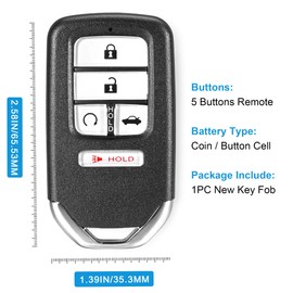 Key Fob Replacement Compatible with Honda Civic 2016 2017 2018 2019 2020 2021 Smart Proximity Keyless Entry Remote Control Uncut Key 5 Buttons 433Mhz FCC ID: KR5V2X 72147-TBA-A11