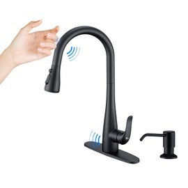 HGHGK Touch on Kitchen Faucet with Soap Dispenser and Pull Down Sprayer - Single Handle Kitchen Sink Faucet, 1 or 3 Hole Design for Modern Farmhouse Kitchens, Rv, and Bar Sinks(Matte Black)