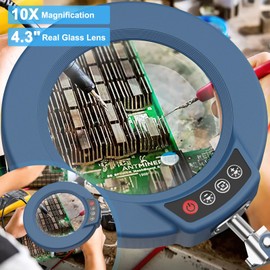 10X Magnifying Glass with Light and Clamp, Real Glass Stand Lighted Magnifier, 5 Color Modes Stepless Dimmable LED Desk Lamp Hands Free for Crafts Hobby Reading Painting Sewing Close Work - Blue