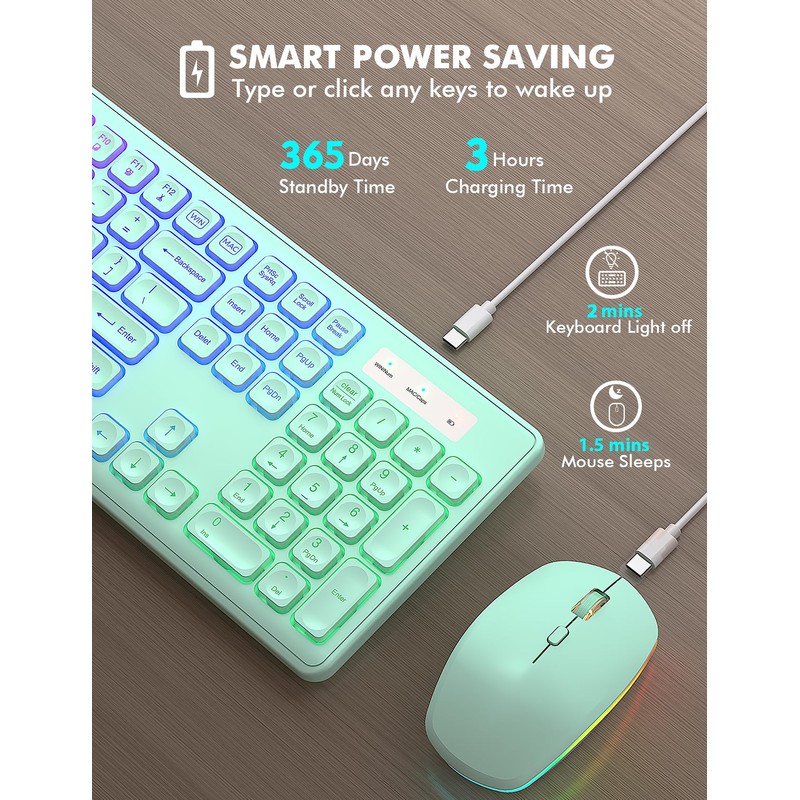 Wireless Keyboard and Mouse Combo - RGB Backlit, Rechargeable &