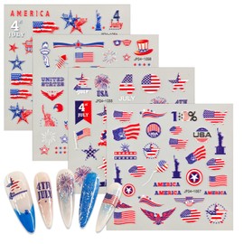 Independence Day Nail Stickers Embossed Stars American Flag Nail Design Stickers 5D Self-Adhesive July 4th Nail Decals for Women Girls DIY Holiday Manicure Decoration Supplies 4 Sheets