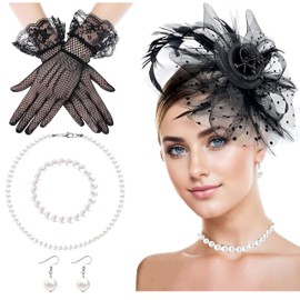 SAISI 5 Pack Black Fascinators Derby Hat for Women Tea Party Fashion Kentucky Hats Headpiece Lace Gloves Pearl Set for 1920s Women Tea Party Accessories