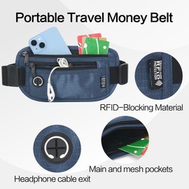 Slim RFID Blocking Money Belt for Travel - Anti-Theft Hidden Passport Holder Waist Wallet with Secure Pouch for Cash, Credit Cards & Phone Safe (Navy Blue)