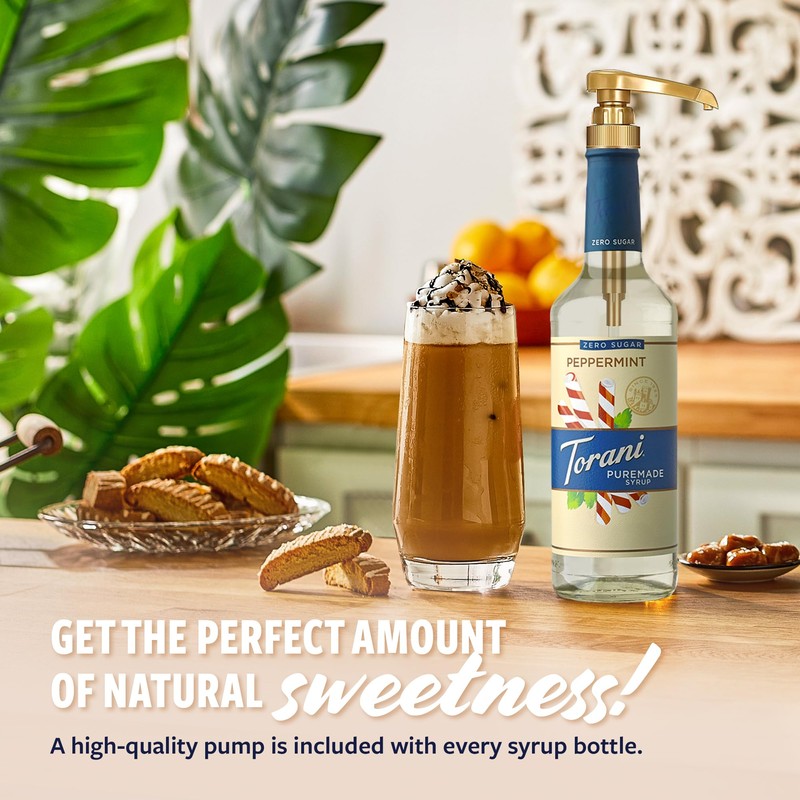 Torani Zero Sugar Puremade Syrup, Peppermint Flavoring for Drinks, Glass